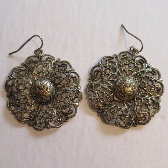 Filigree Drop, Lace Flower, Earrings, Faux Patina, Large, Fashion, Silver tone - Picture 5 of 9